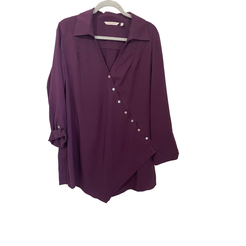 Soft Surroundings Plum Purple Asymmetrical Button Tencel Tunic Top XL Lagenlook